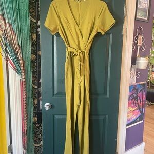 Indulge Green Wide-Leg Jumpsuit with V-Neck